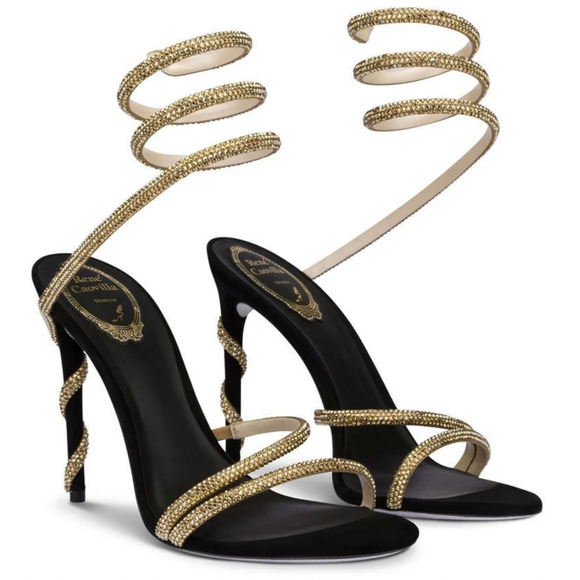 Rene Caovilla Margot Black Gold Crystal Ankle Wrap Strap Sandal Heel Pump 37 - Picture 3 of 12